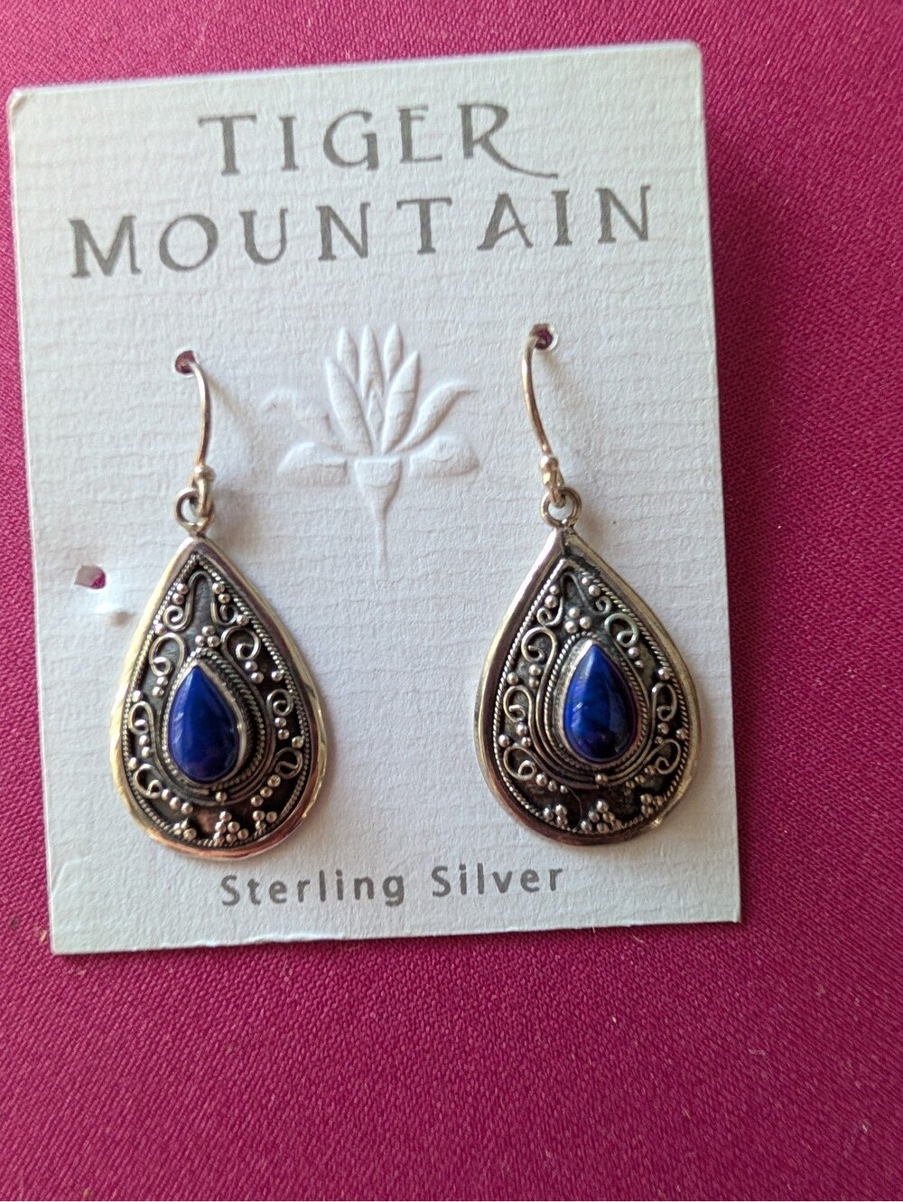 Tiger Mountain Sterling Silver Lapis Stone Filigree Teardrop Dangle Earrings